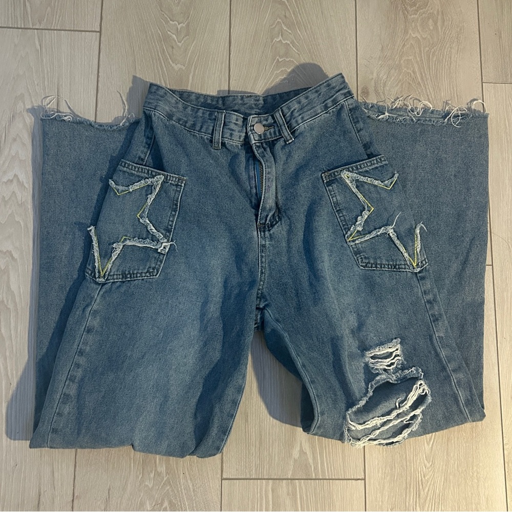SHEIN star patched high rise ripped wide leg jeans